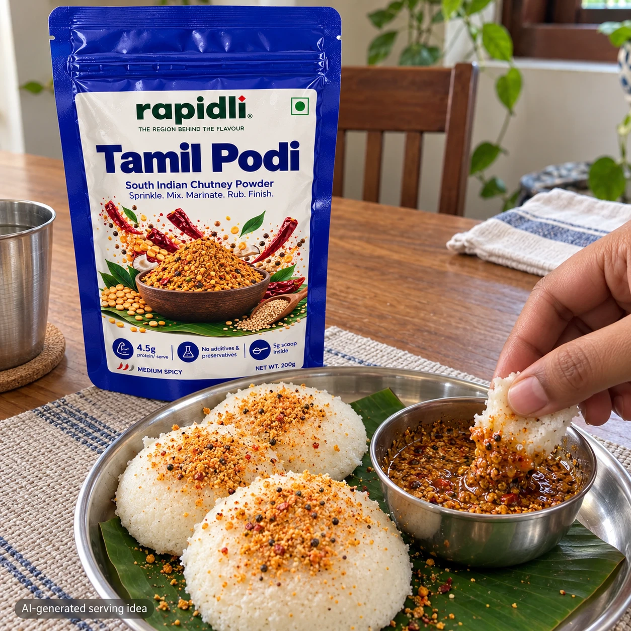 AI-generated serving idea: Tamil Podi beside the idli-and-podi dip