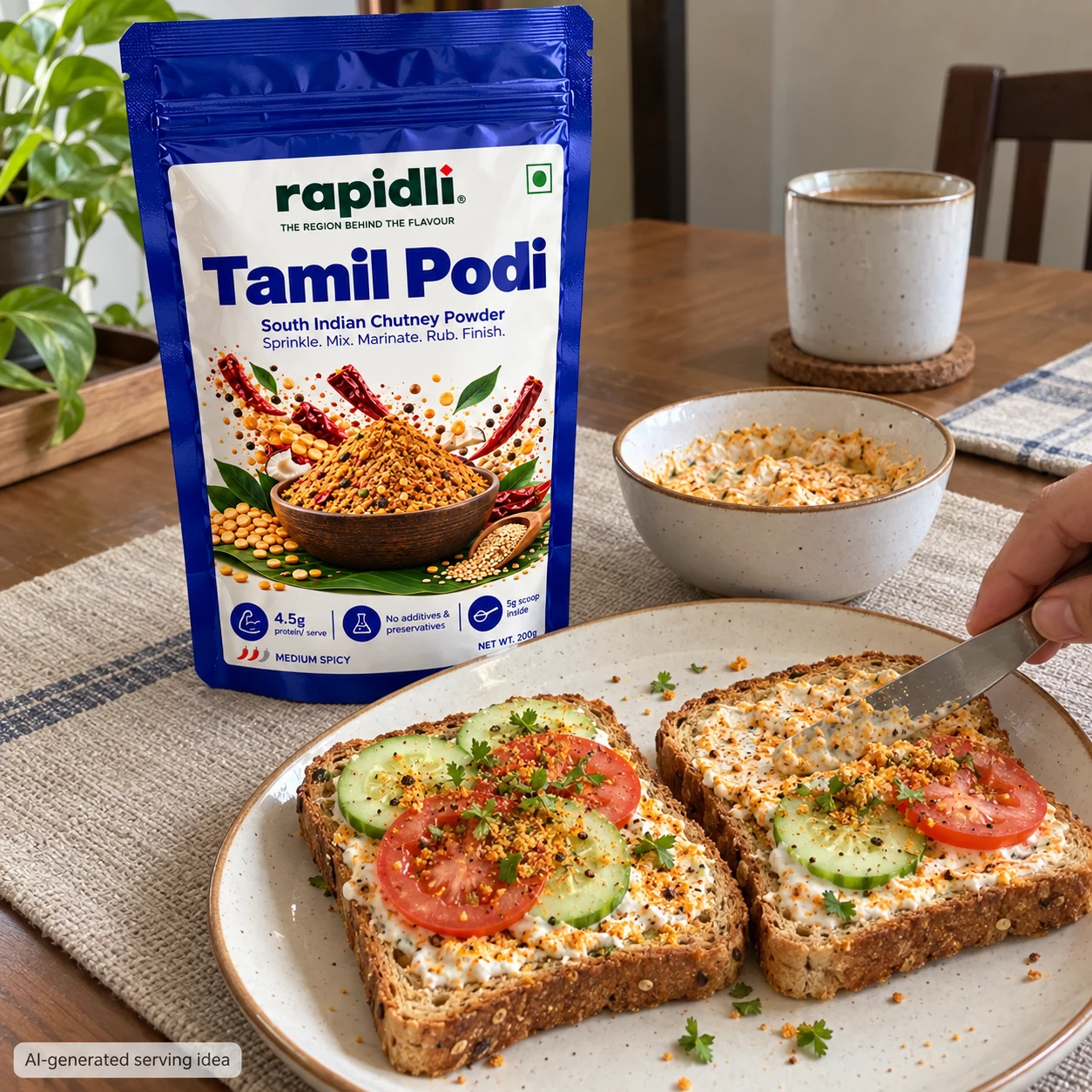AI-generated serving idea: Tamil Podi beside a quick savoury toast
