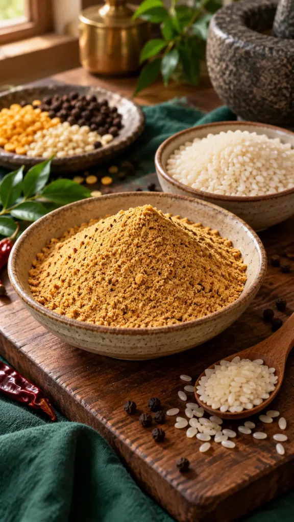 A bowl of dry podi beside short-grain idli rice, lentils and pepper