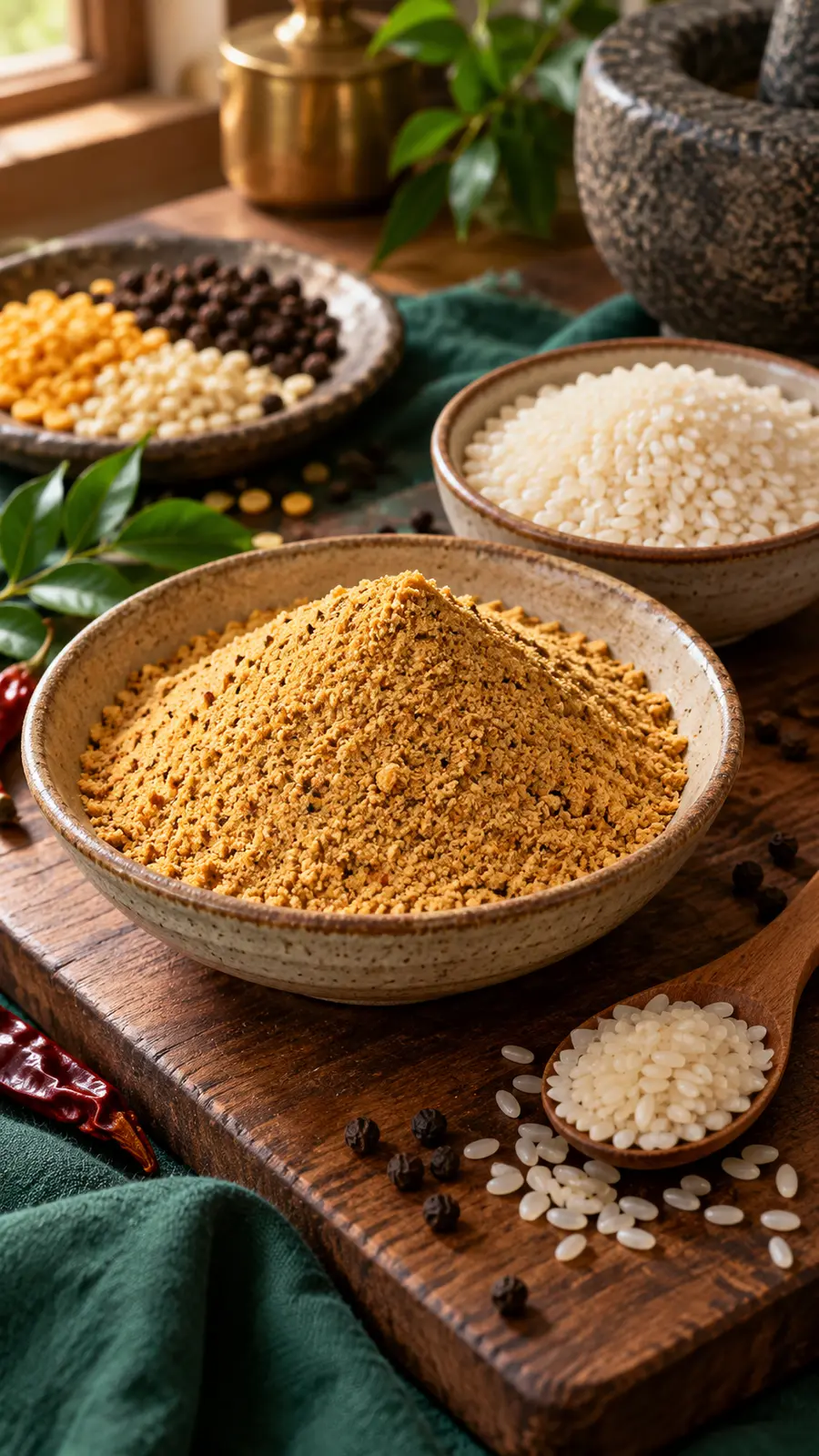 A bowl of dry podi beside short-grain idli rice, lentils and pepper