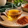 Sesame oil beside sesame seeds and podi