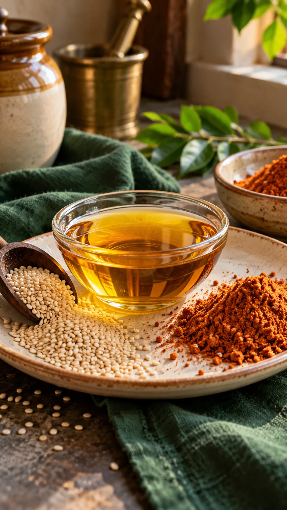 Sesame oil beside sesame seeds and podi