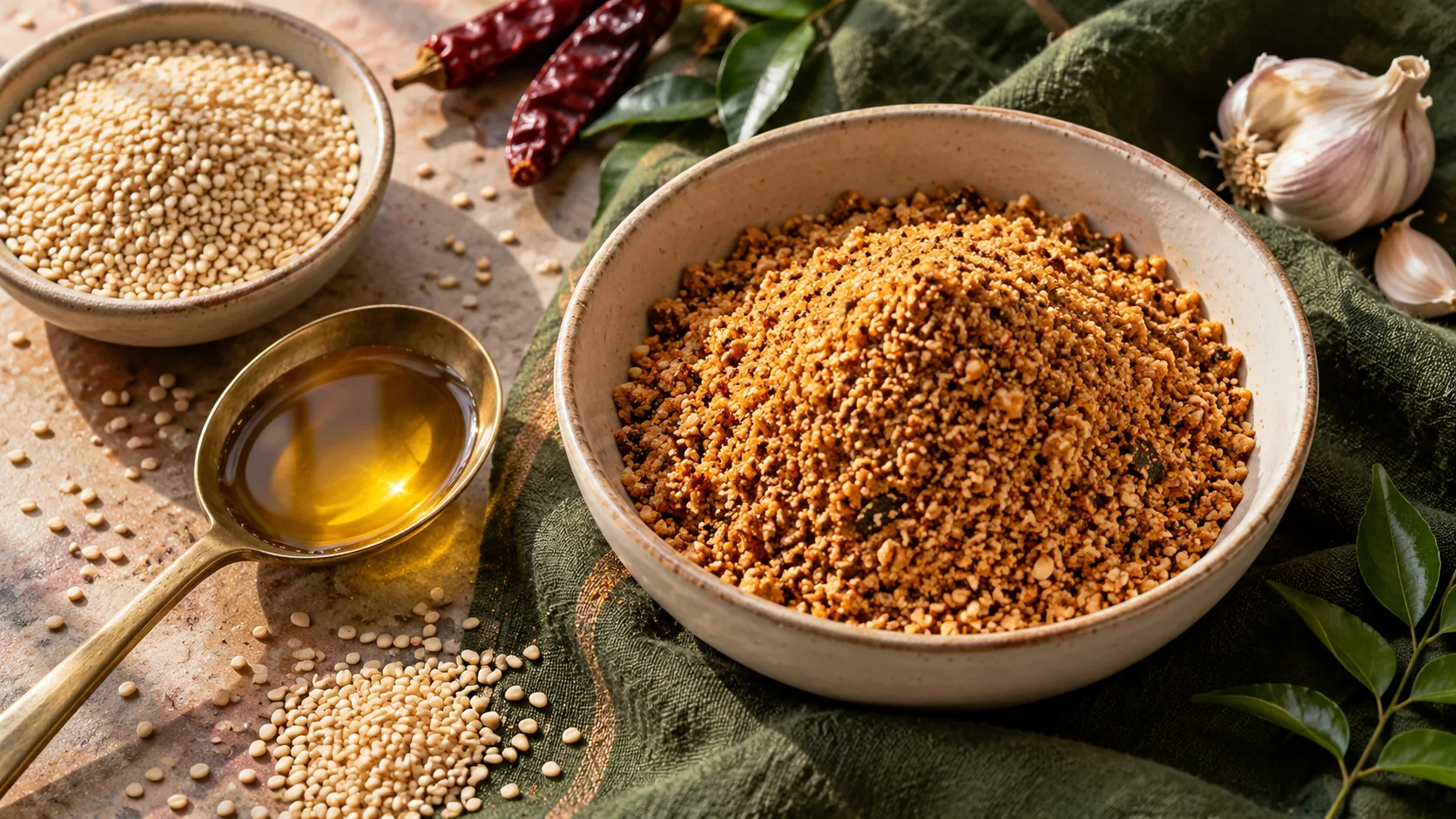 Sesame oil in a spoon beside whole sesame and podi