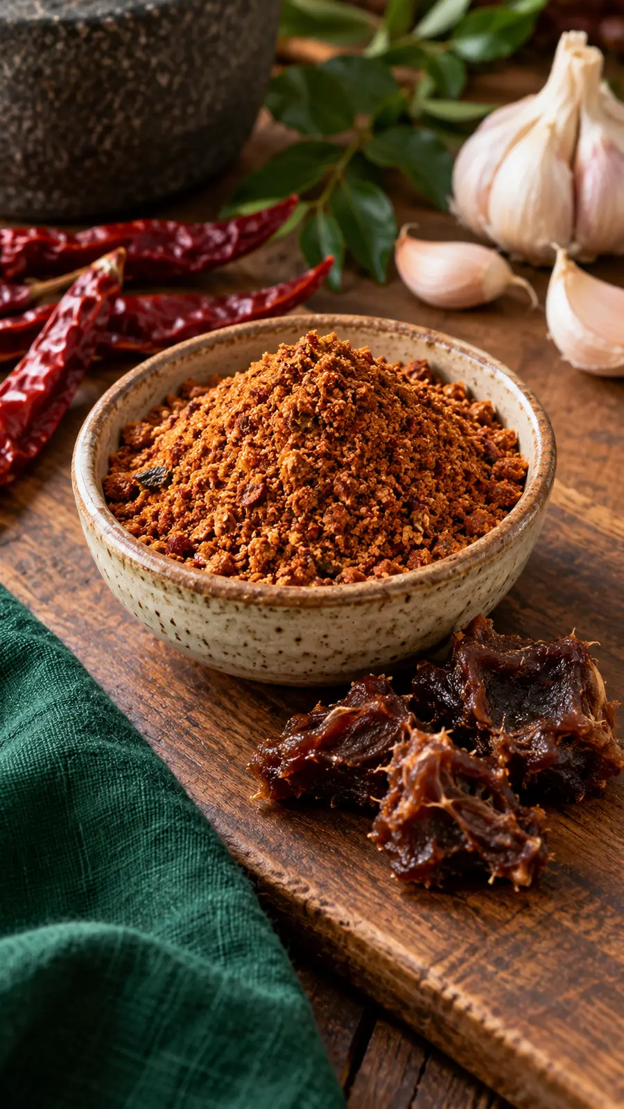 Dry podi in a bowl beside dried tamarind pulp, chillies and garlic