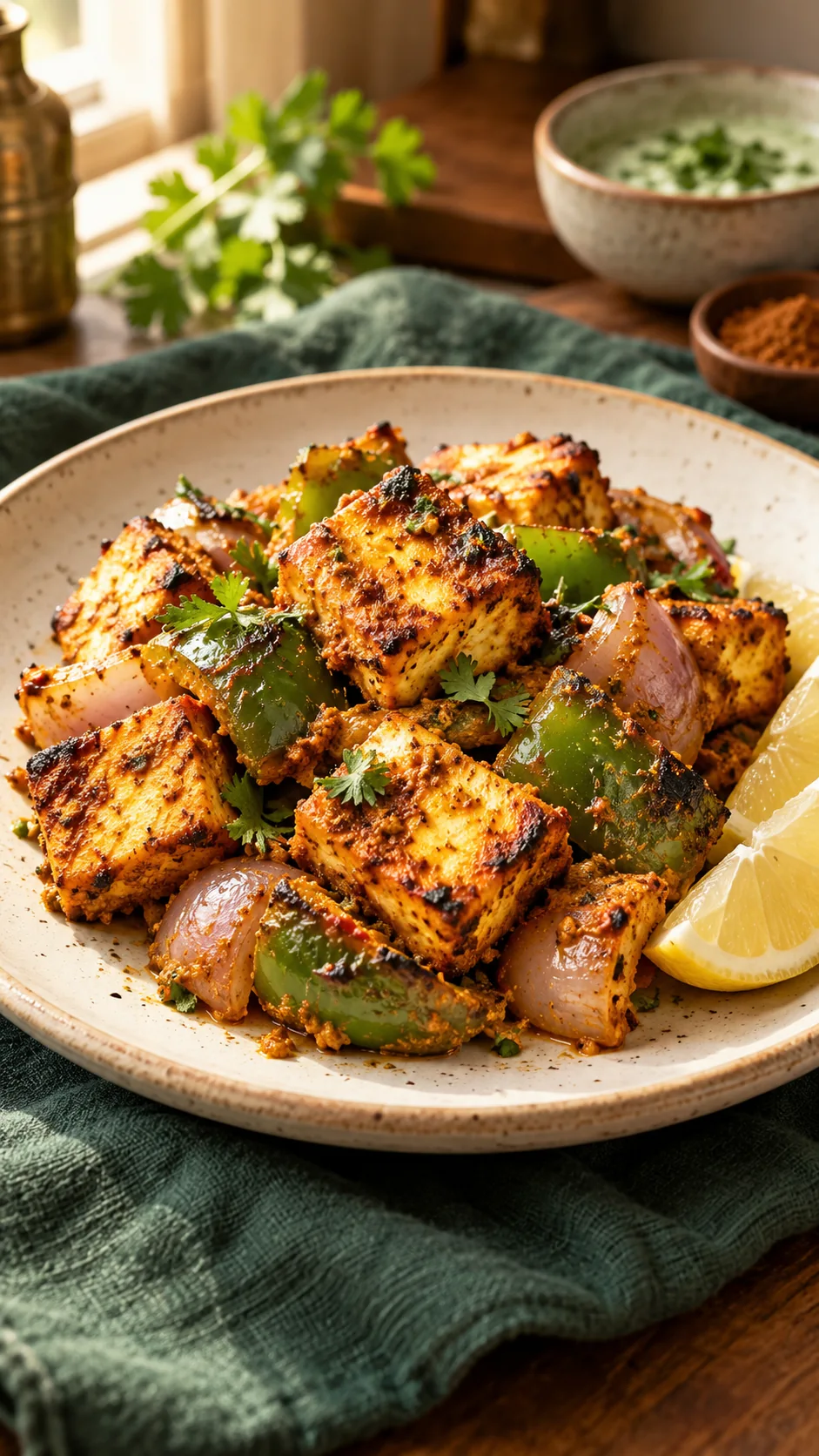Podi paneer tikka with capsicum, onion and lemon on a plate