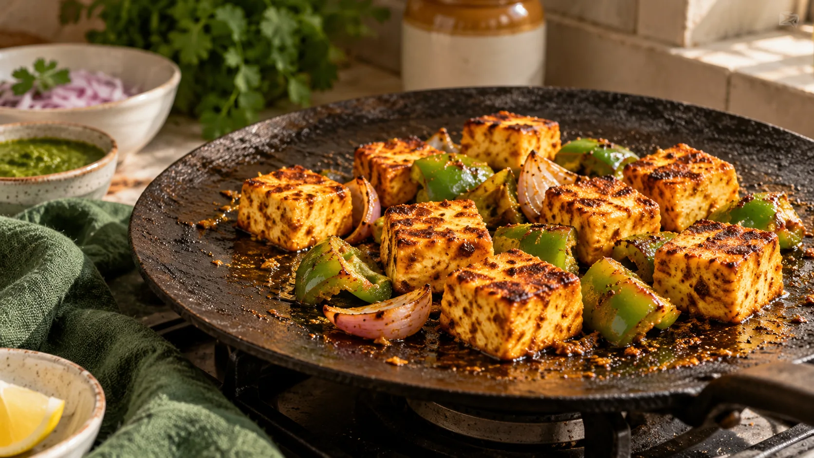Paneer tikka browning with capsicum on a tawa