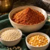 Ivory urad dal and yellow chana dal beside podi
