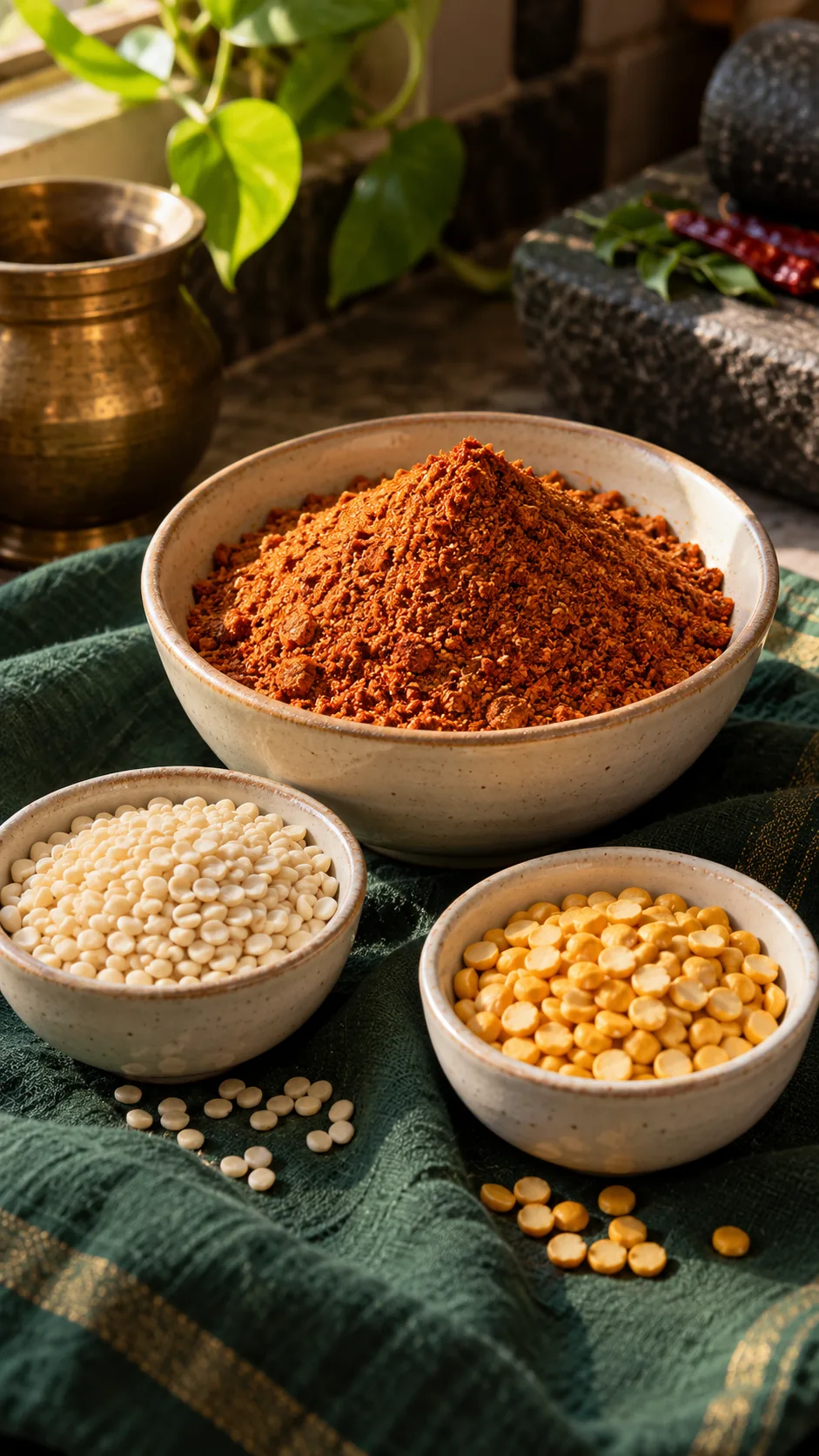Ivory urad dal and yellow chana dal beside podi