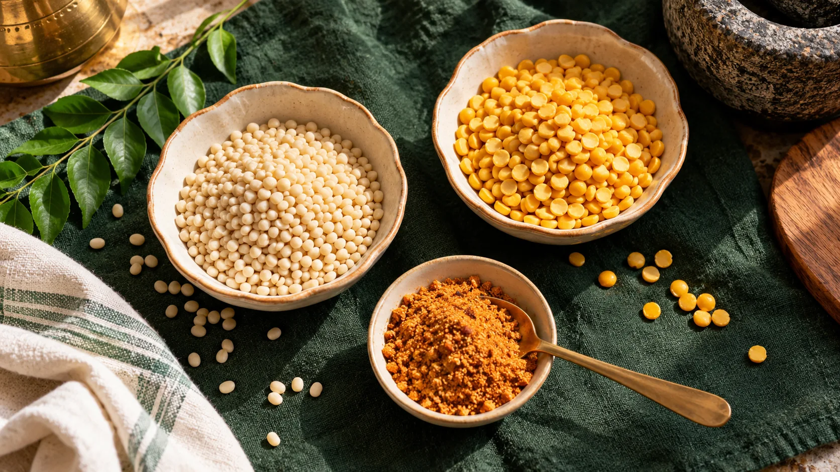 Separate piles of hulled urad dal and chana dal with podi