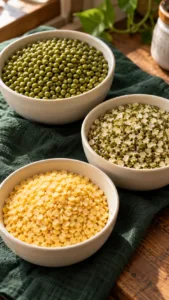 Whole green moong, split moong with skin and yellow moong dal