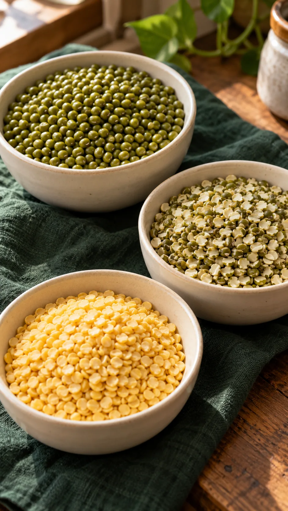 Whole green moong, split moong with skin and yellow moong dal