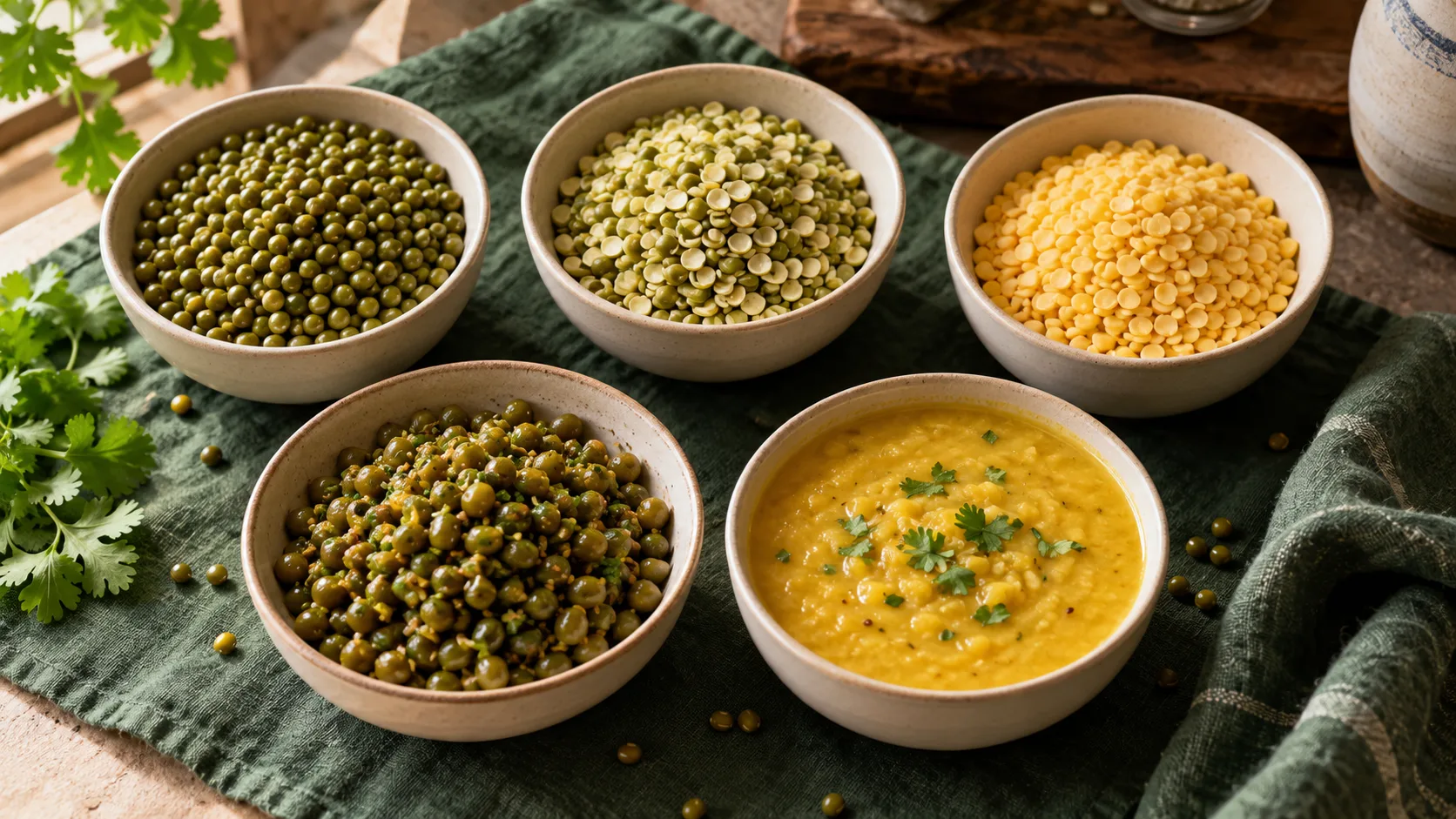 Three forms of moong alongside cooked whole beans and yellow dal
