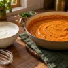 Whisked plain curd beside a pan of smooth orange gravy