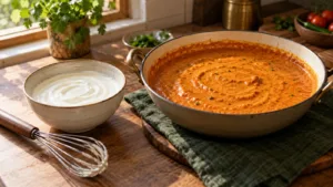 Whisked plain curd beside a pan of smooth orange gravy