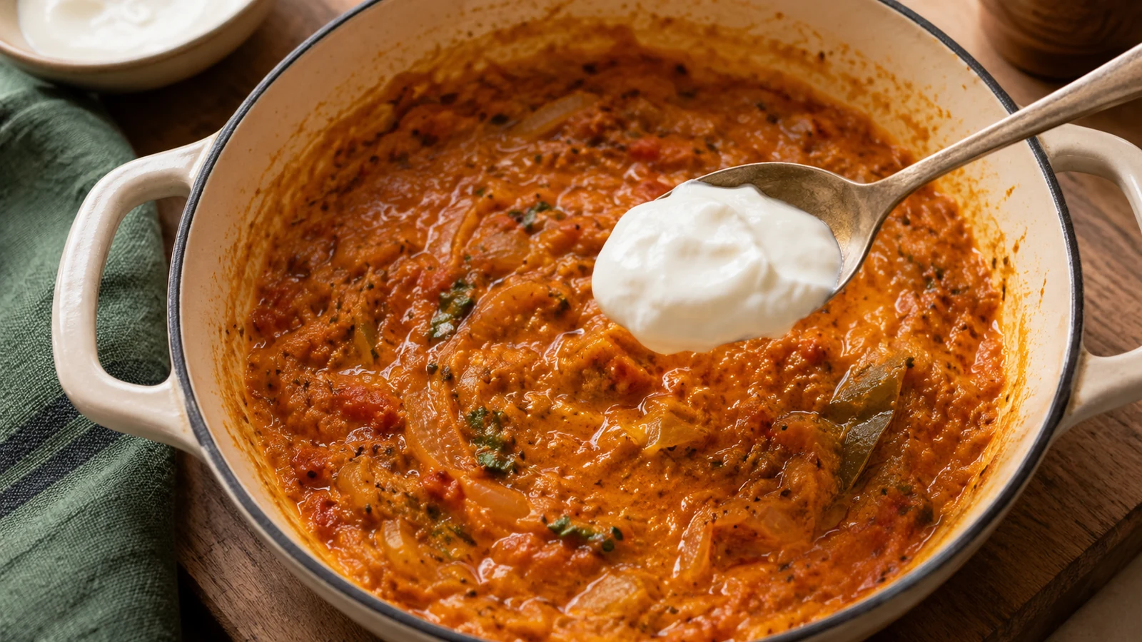 A spoon of curd above an onion-tomato gravy