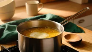 Yellow dal simmering in a saucepan with a pale layer of surface foam and ample headspace.