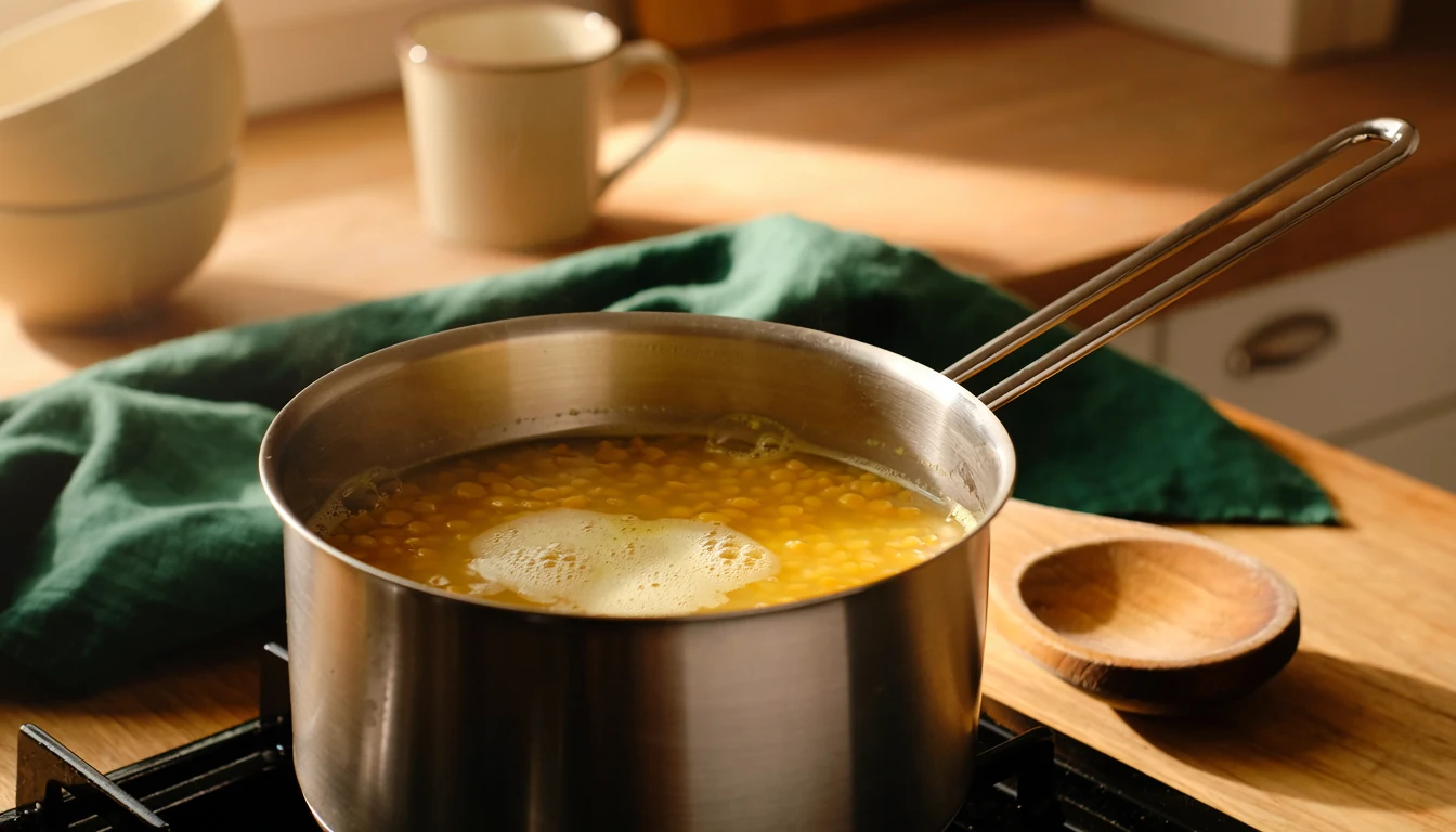 Yellow dal simmering in a saucepan with a pale layer of surface foam and ample headspace.