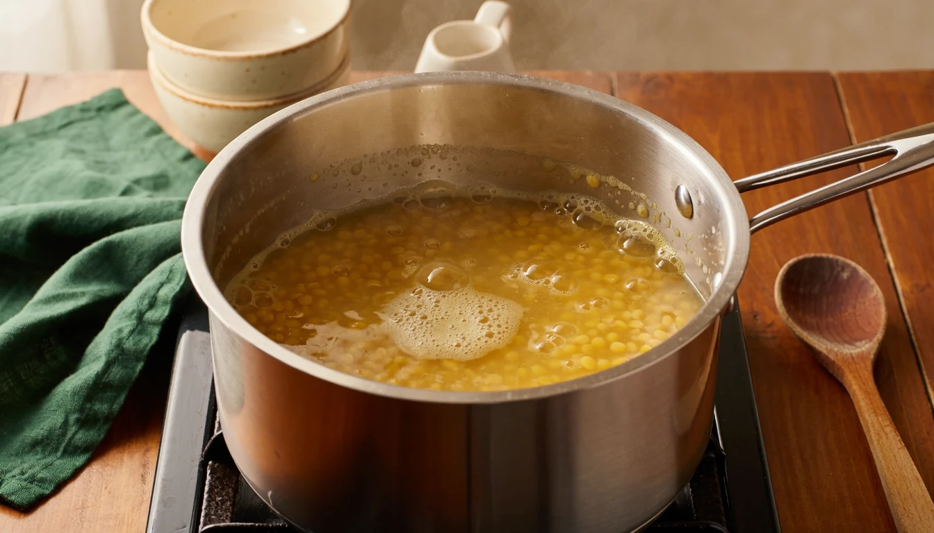 Yellow dal simmering in a saucepan with a pale layer of surface foam and ample headspace.