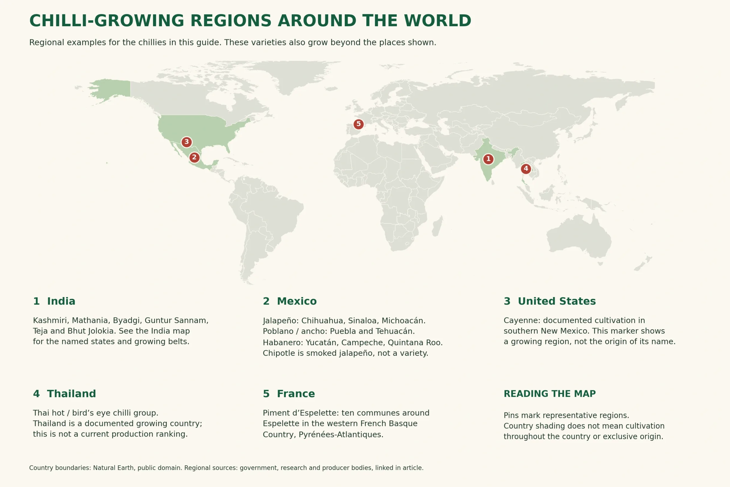 World map showing documented chilli-growing regions in India, Mexico, New Mexico in the USA, Thailand and Espelette in France.